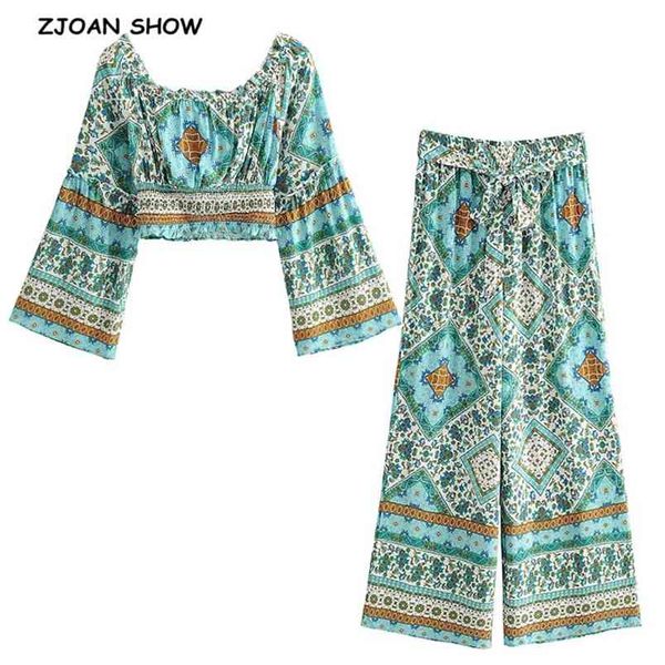 

bohemian ruched elastic slash neck floral print pullover shirt holiday women tide bow waist pants boho 2 pieces set 210429, White