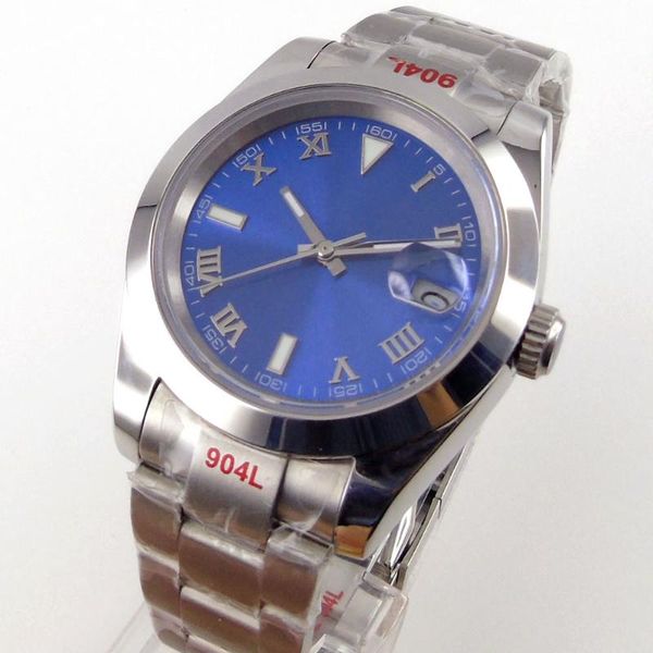 

wristwatches 40mm blue sterile dial polished bezel luminous date sapphire glass deployment brushed automatic movement mens wristwatch, Slivery;brown