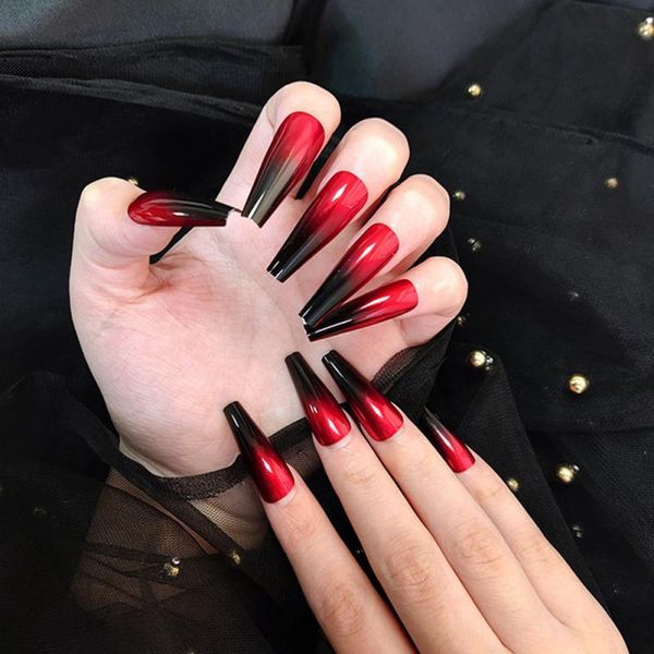 

false nails fake with designs coffin artificial tips overhead glue press on nail set art tools accessories, Red;gold