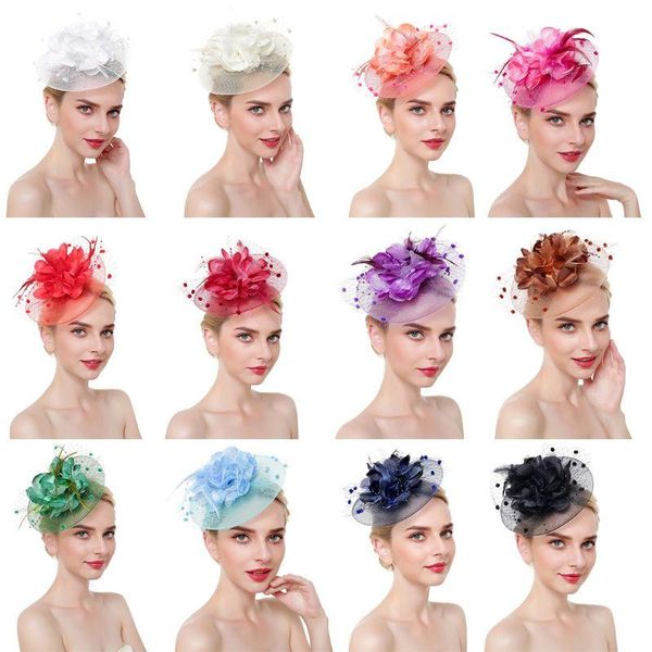 Kopfbedeckungen für Damen, Netzstoff, große blühende Blumen, Feder-Fascinator, Hut, Pompon, Perlen, Teeparty, Hochzeit, Braut-Haarspange, Kopfbedeckung