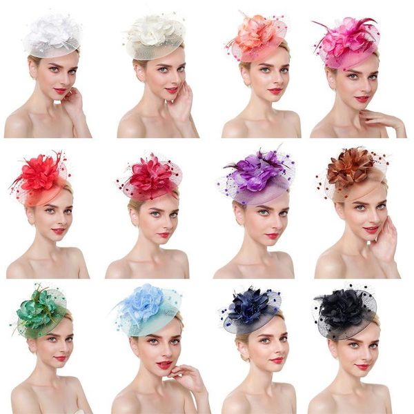 Headpieces senhoras malha grande florescência flores penas fascinator chapéu pompom frisado tea festa de casamento de cabelo nupcial