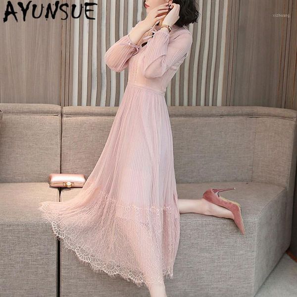 

casual dresses ayunsue spring summer long dress women korean mesh lace elegant clothes party ladies vestidos de verano kj4165, Black;gray