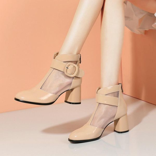 

summer faux leather women ankle boots fashion square heel round toe short buckle back zipper women's shoes, Black