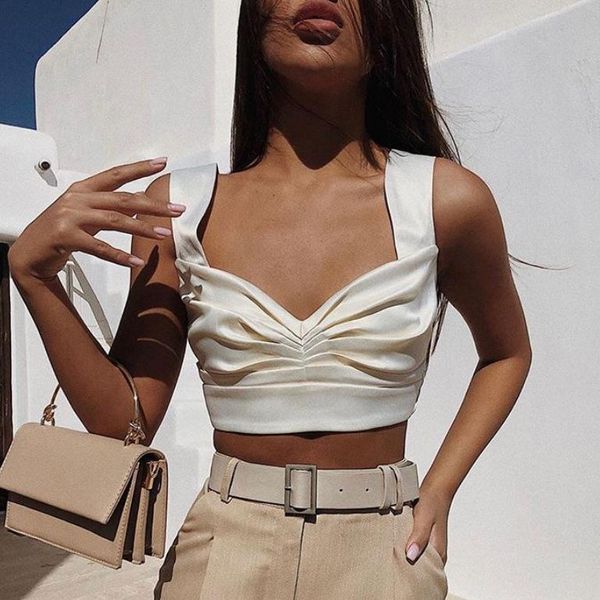 

women's tanks & camis summer elegant solid color vest women stacked smocked v-neck satin tank crop female casual ruched slim backle, White