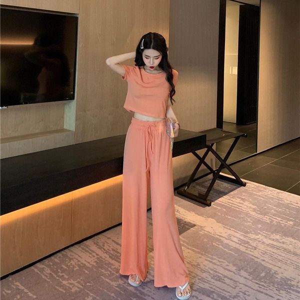 

summer women cotton short sleeve o-neck crop wide leg pants 2 piece set for female casual two pieces sets dress, White