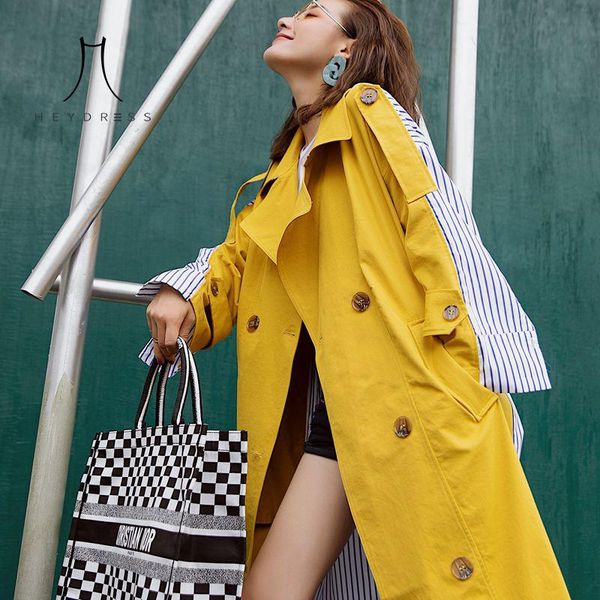 

women's trench coats heydress korean women clothes autumn windbreaker female long coat double breasted striped stitching yellow outwear, Tan;black
