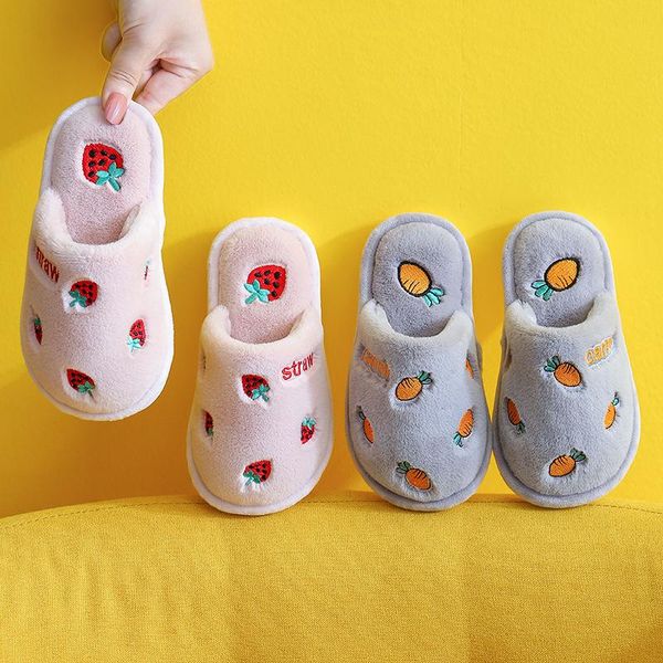 

winter home slippers cute cartoon fruit embroidery strawberry indoor bedroom soft sole warm flip flops women men children shoes, Black