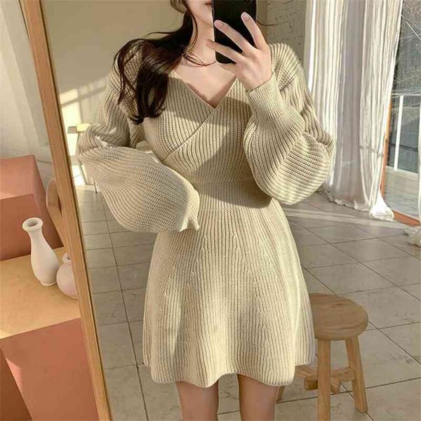 

office lady knit dress women autumn winter solid empire v neck mini dresses slim chic wild vestidos k4106 210531, Black;gray