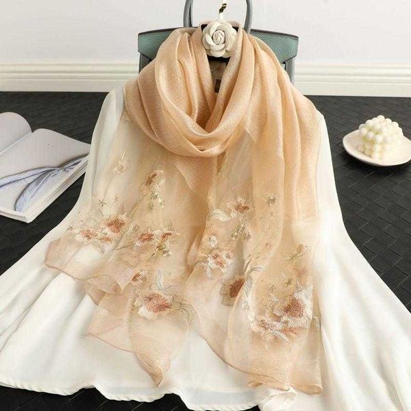 

spring and autumn silk scarf mulberry thin embroidery silk wool blended scarf travel shawl, Blue;gray