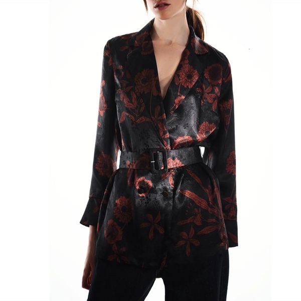 

dresses jacquard belted print blouse women long sleeve vintage floral shirt female chic elegant black top, Black;gray