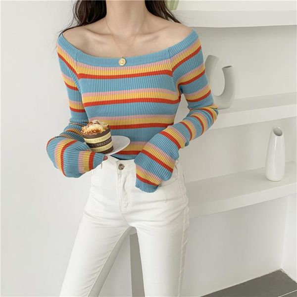 

women's t-shirt cmaz spring autumn long sleeve knit sweater women stripe cute hit color casual pullover female basic jumper 91811#, White