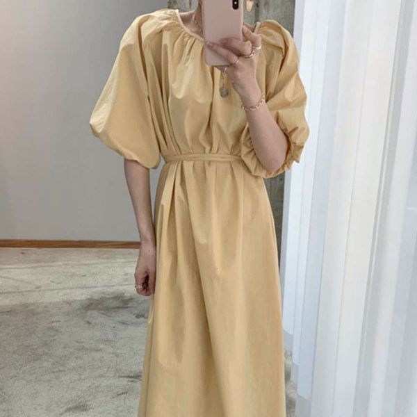 

casual dresses dress women clothesminimalism niche round neck pleated lace up waist slim lantern sleeve long skirt lbgk, Black;gray