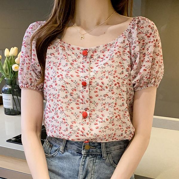 

women's blouses & shirts korean version of 2021 summer women small fresh floral print buckled chiffon shirt o-neck, White