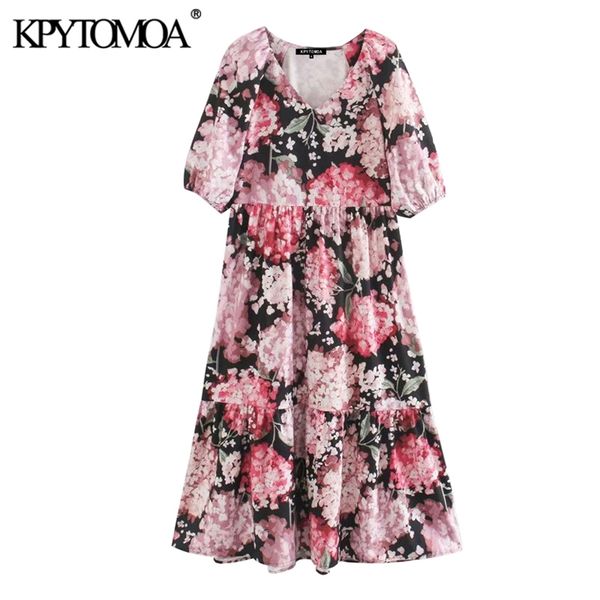 

women chic fashion floral print pleated midi dress vintage v neck puff sleeve female dresses vestidos mujer 210420, Black;gray