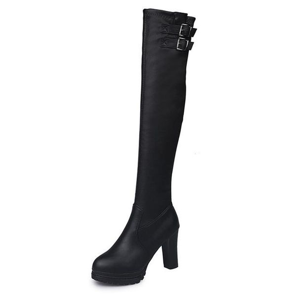 

boots autumn winter super high heels pure black belt buckle over the knee women waterproof platform
