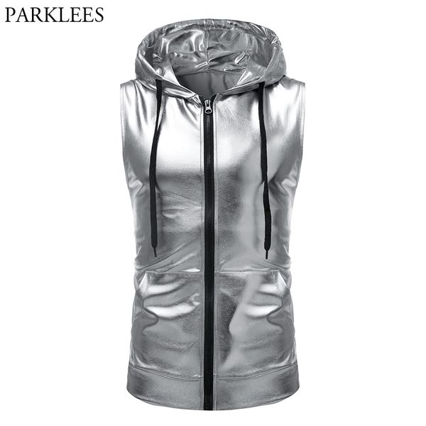 

sliver metallic zip up sleeveless hoodie t shirt men tin man costume nightclub styles party disco wear tshirt with pocket 210522, White;black