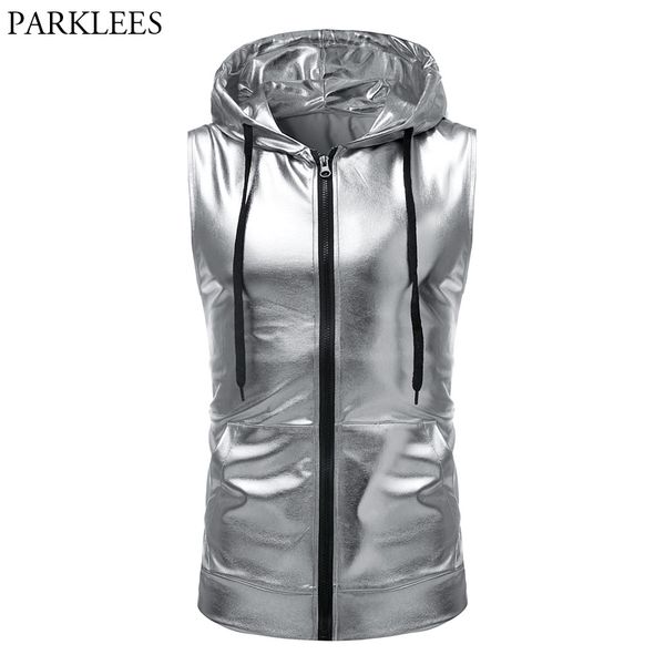 Sliver Metallic Zip Up Ärmelloses Hoodie T-Shirt Männer Tin Man Kostüm Nachtclub Styles Party Disco Wear T-Shirt mit Tasche 210522