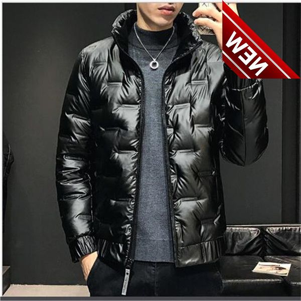 

winter new trend men's youth parka bright stand-collar down jacket white duck thickening leisure outdoor, Black