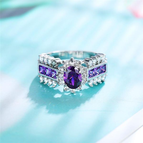 

luxury female purple crystal stone ring vintage oval zircon wedding rings for women classic bridal silver color engagement, Slivery;golden