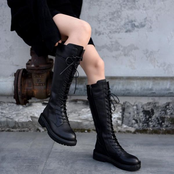 

boots artmu fashion lace up genuine leather warm plush high barrel over knee british riders women's shoes, Black