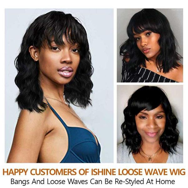 

silk base wigs short human hair loose wave bob wig with bangs headspin pre plucked remy bleached knots1, Black;brown