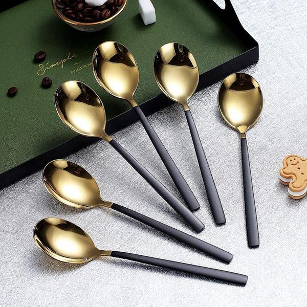 

spoons 6 black and gold electroplated coffee spoons, modern design stainless steel teaspoon set, small spoon, dishwasher-safe