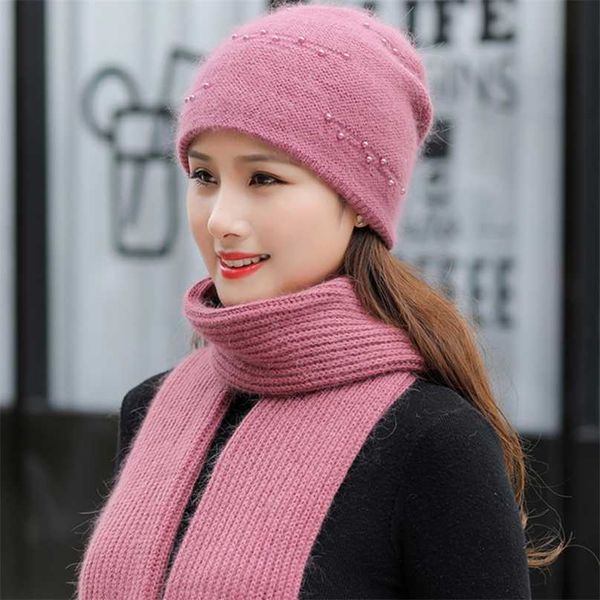 Mulheres chapéu de inverno manter o lenço de decoração de pérola quente decoração conjunto moda para casual coelho pele de malha beanie 211119