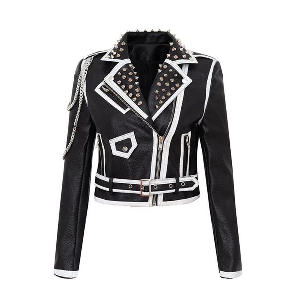 

women's leather & faux classic black motorcycle jacket women graffiti studded punk gothic jackets with sashes chain high quality