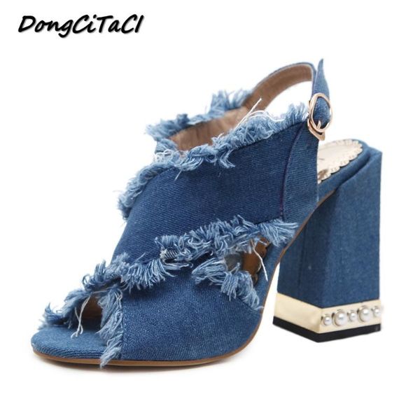 

dongcitaci women high heels sandals shoes woman pumps frayed tassel back strap peep toe slingback string bead thick heel, Black