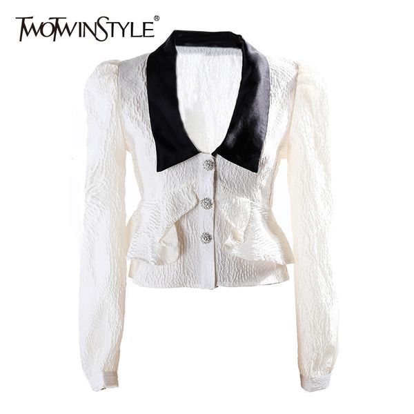 

twotwinstyle elegant patchwork short shirt for women v neck long sleeve casual hit color blouse female fashion new clothing 210428, White