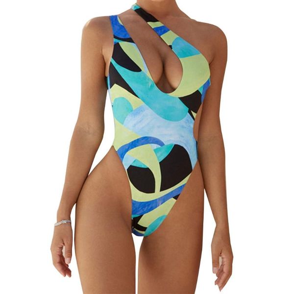 

one-piece suits f62e women swimsuit hollow out one shoulder irregular print monokini