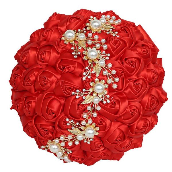 

red bride and bridesmaid holding bouquets, pearl rhinestones satin rose handmade wedding supplies hs004 decorative flowers & wreaths