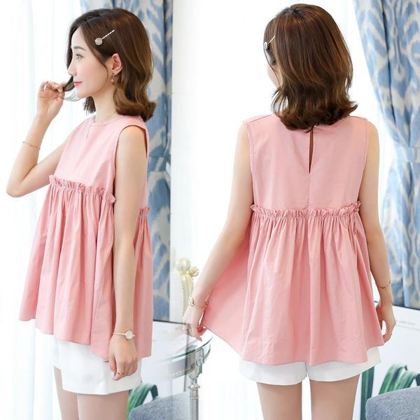 

maternity & tees 2021 summer clothes solid color sleeveless cotton blouses plus size high waist ruffles patchwork pregnant women shirts, White
