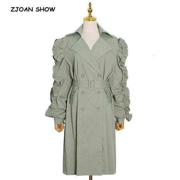 

women's trench coats autumn winter elegant buckle belt coat women ruched puff long sleeve slim below knee length windbreaker sashe, Tan;black