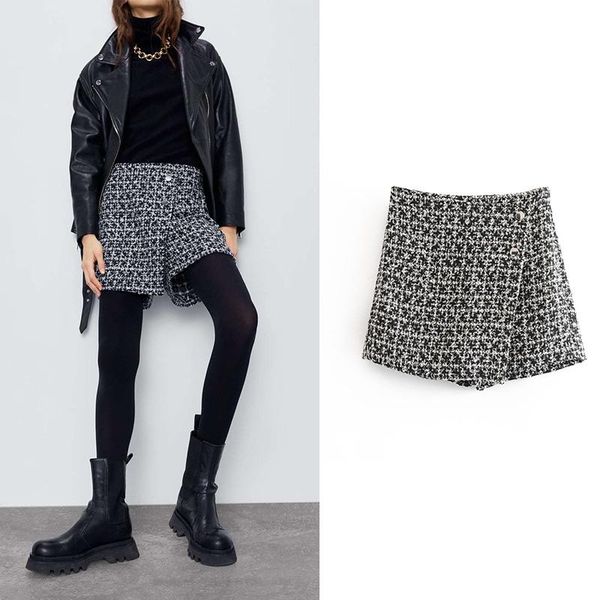 

women's shorts 2021 plaid tweed mini skirt high waist side zipper button decoration winter casual women chic, White;black