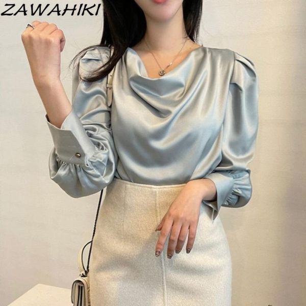 

blouse korean chic satin solid elegant blusas v-neck 2021 spring puff sleeve loose fashion office work women shirts women's blouses &, White