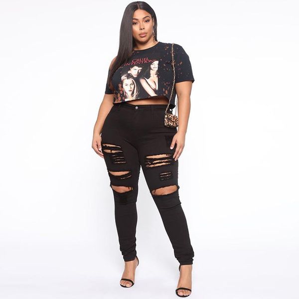 

women's ripped jeans pants 2021 fashion casual trend solid high waist hole hollow out slim large size denim pencil, Blue