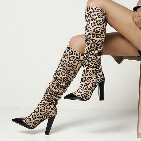 

boots 2021 women autumn winter over the knee fashion square high heel slip on pointed toe shoes ladies, Black