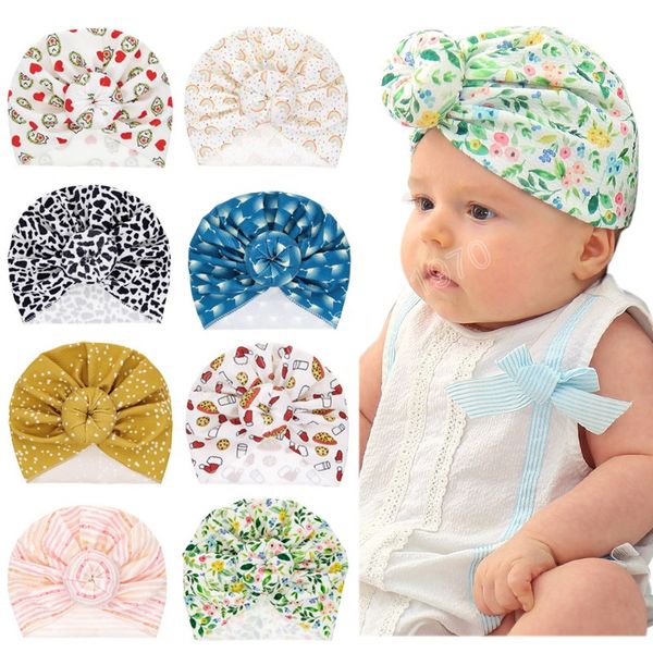 Cappello turbante neonato con sfera tonda Fiore stampato Leopardo Cappelli per bambini Berretto per neonato Cappucci con nodo per bambini Puntelli per foto per bambini
