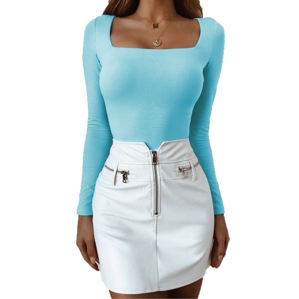 

spring autumn women causal long sleeve t shirts square collar slim fit shirts female casual bodycon basic black poleras 210414, White