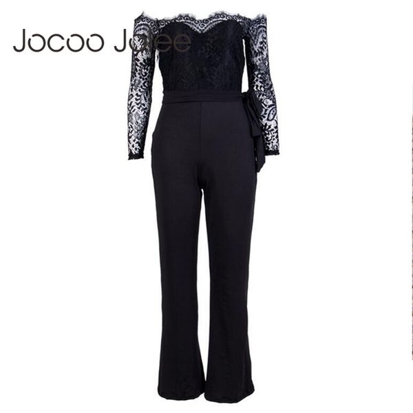 

elegant off shoulder rompers women summer jumpsuit ladies casual long pant suit overalls white lace playsuits 210416, Black;white