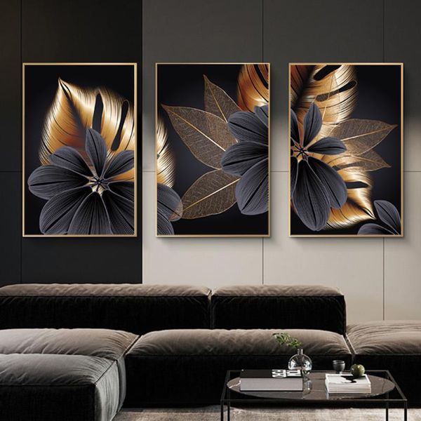 

paintings modern nordic golden grey flower leaf posters and prints home decor 3 panels wall art canvas painting pictures for living room
