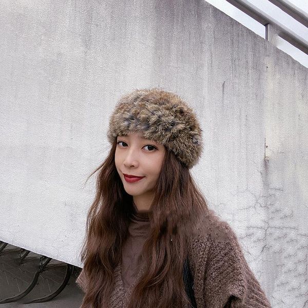 

berets 2021 lady's vintage amber real hair ribbon winter warm fur simple elegant accessories, Blue;gray