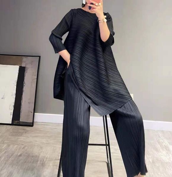 

women's two piece pants miyake pleated sets 2021 autumn winter women dress fashion plus size suits harem, White