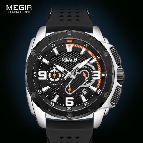 

wristwatches megir men's chronograph quartz watches 2021 luxury brand military sport wristwatch silicone strap waterproof men, Slivery;brown