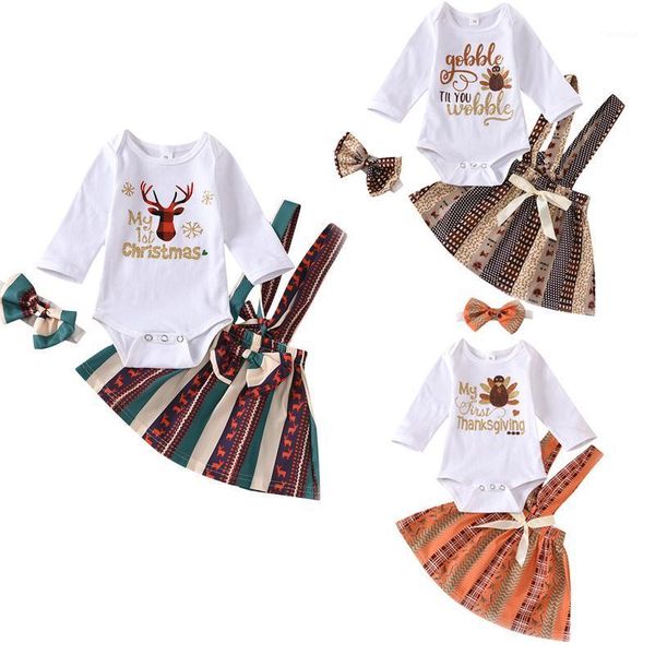 

baby & children's christmas thanksgiving suit rompers multicolor suspender skirt hairband set for toddler girls clothing sets, White