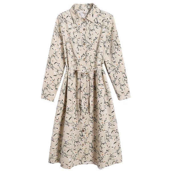 

casual dresses corduroy high elastic waist vintage dress a-line style women full sleeve flower floral print feminino elegant spring, Black;gray