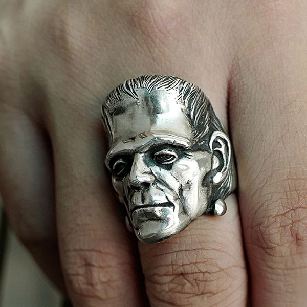 

science fiction victor frankenstein rings punk horror scientist stainless steel skull ring men's biker jewelry, Silver