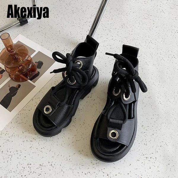 

genuine leather sandals women summer shhoes bandage retro shoes female platform high bc287, Black