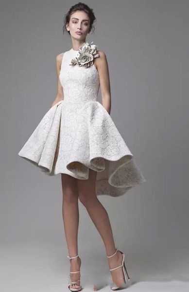 

lace short homecoming dress front long back with flower decorations high low short prom krikor jabotian cocktail dresses, Blue;pink